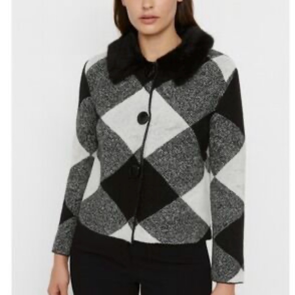 Cynthia Rowley Harlequin Faux Fur Collar Cardigan Size Large